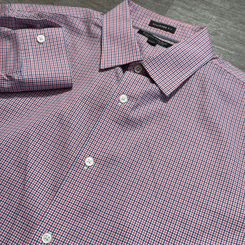 Banana‎ Republic Shirt Men Medium Red Blue Cotton Gingham Office Preppy Classy